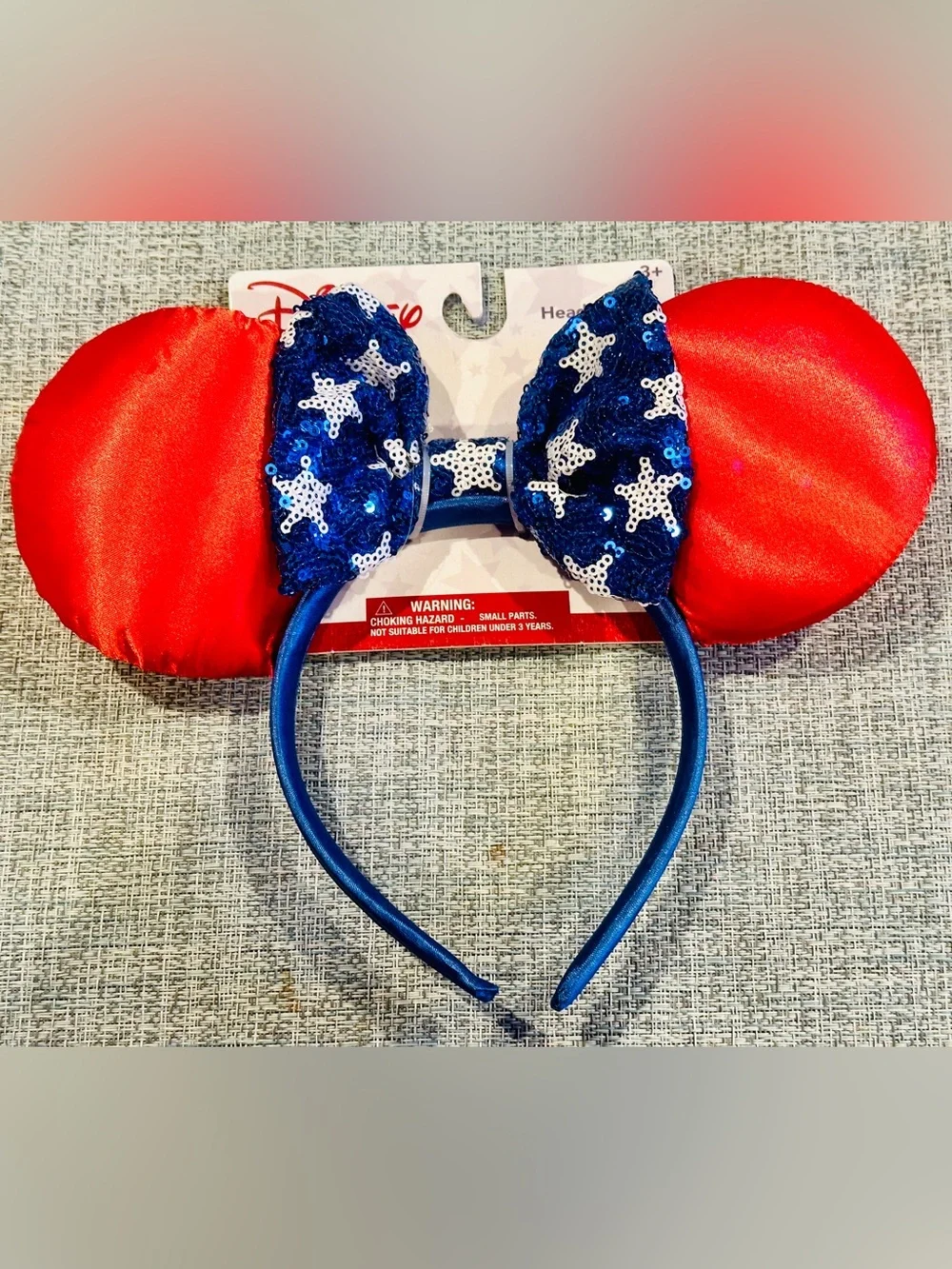 Disney Minnie Mouse Red, White, Blue Sequins Stars Patriotic Headband Ears - NEW